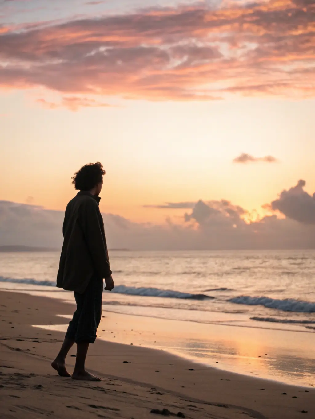 A person smiling while walking barefoot on a sandy beach at sunset, representing personal growth and emotional well-being.