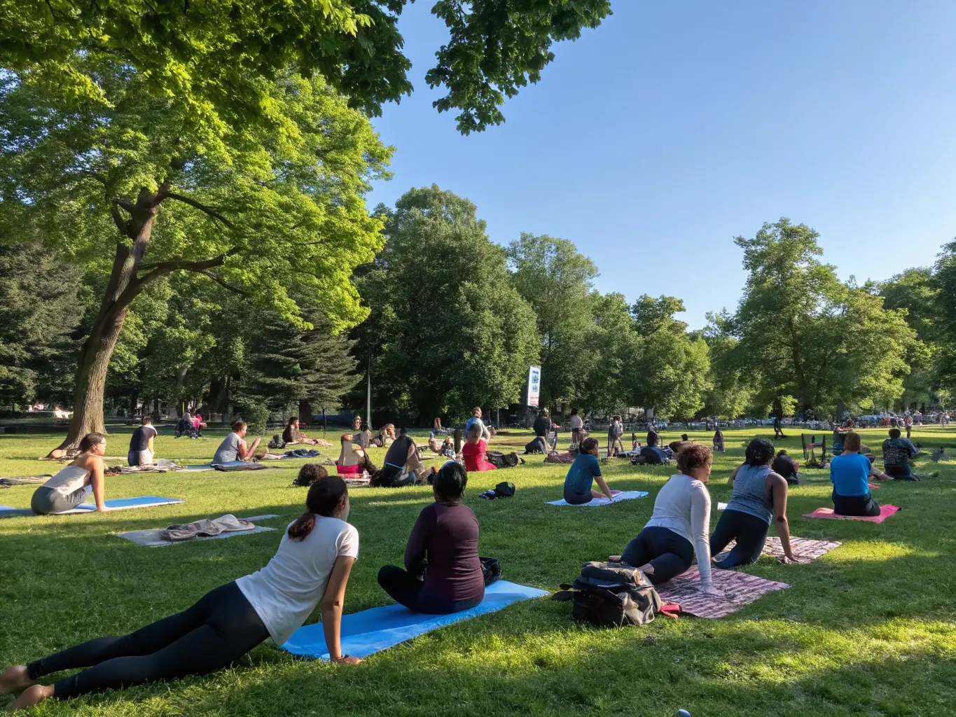 A vibrant group yoga session outdoors with participants stretching and smiling, surrounded by scenic natural beauty, representing the Vitality & Balance Workshop.