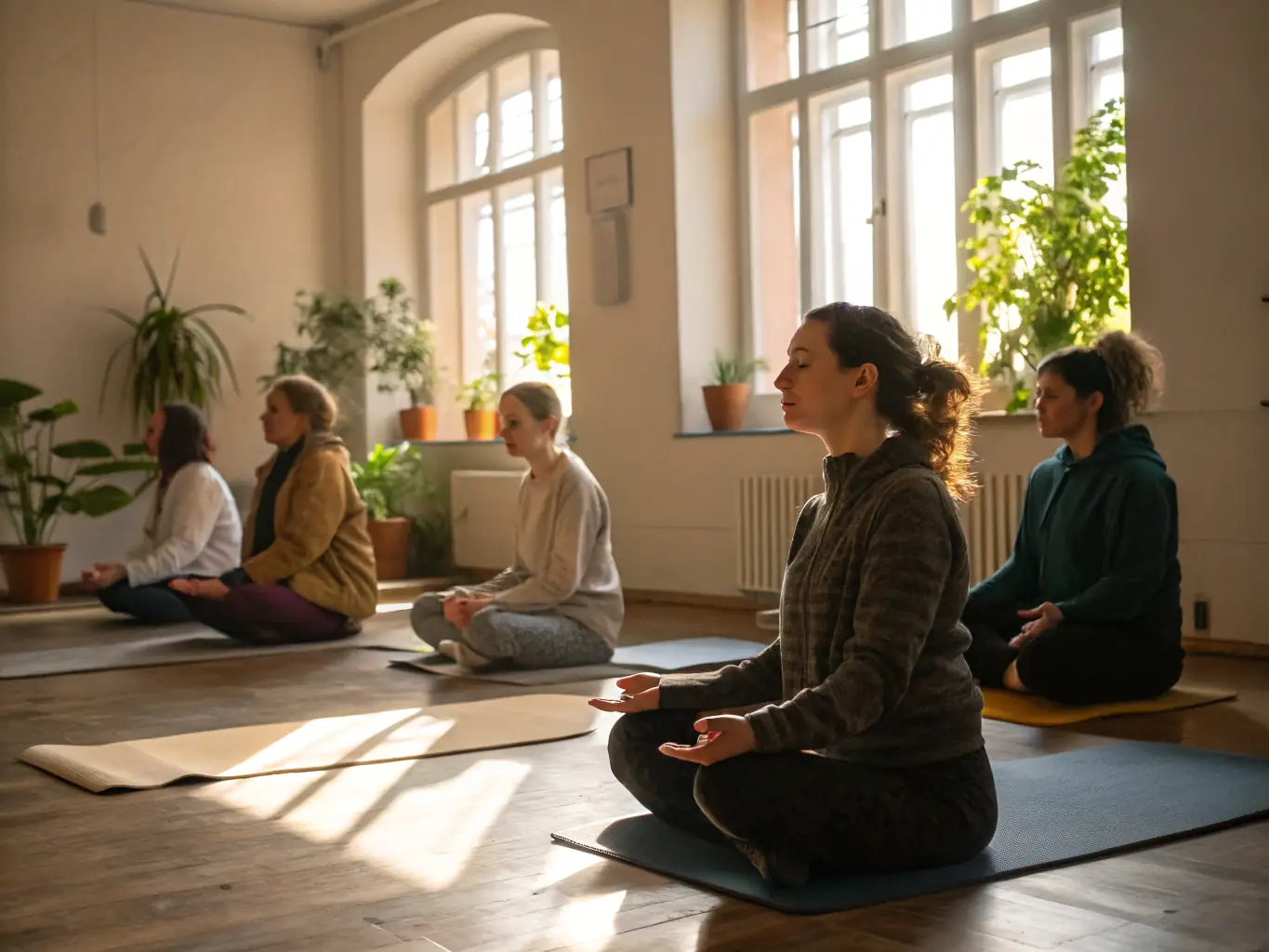 A peaceful indoor meditation session with participants seated comfortably, eyes closed, in a softly lit room with calming decor, representing the Inner Calm Program.