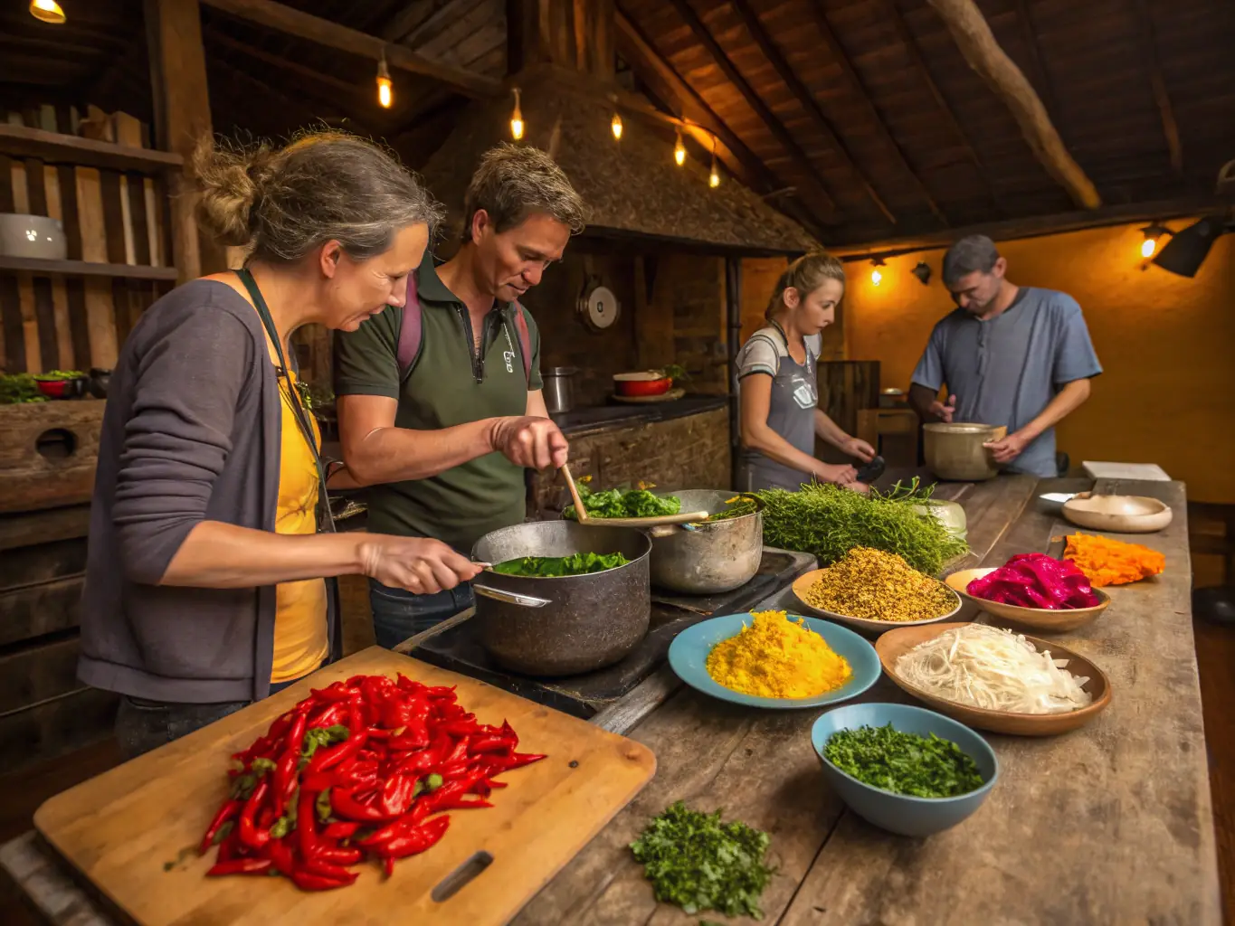 A vibrant image of a group of people preparing a healthy meal together in a sunlit kitchen, surrounded by fresh fruits and vegetables. The scene conveys energy, community, and the importance of mindful nutrition, representing the focus of the Vitality & Balance Workshop.