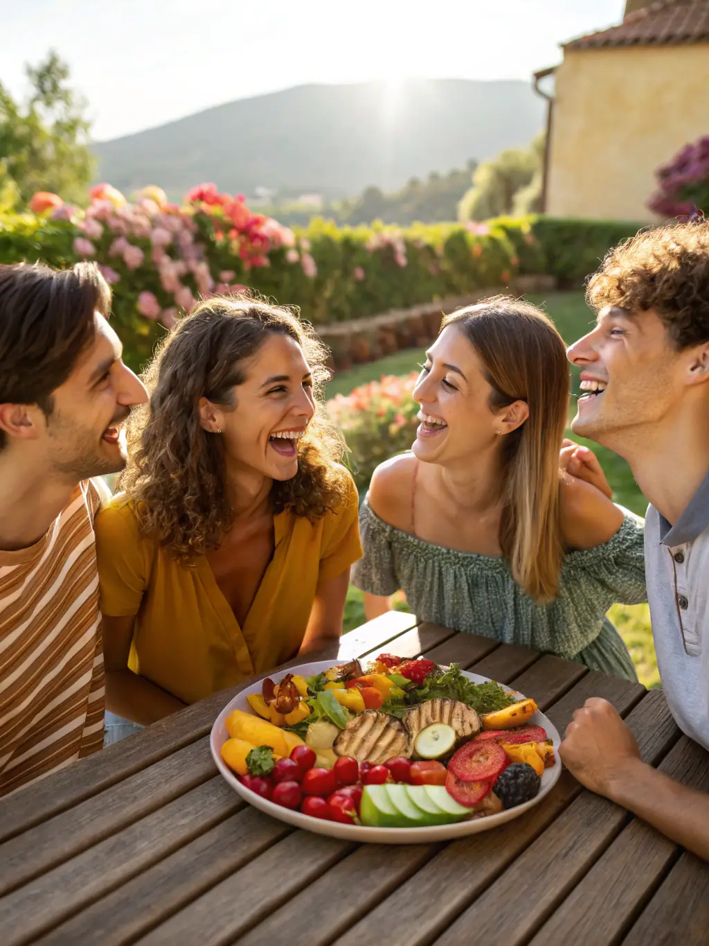 A group of people enjoying a healthy meal together outdoors, highlighting mindful nutrition and community support.