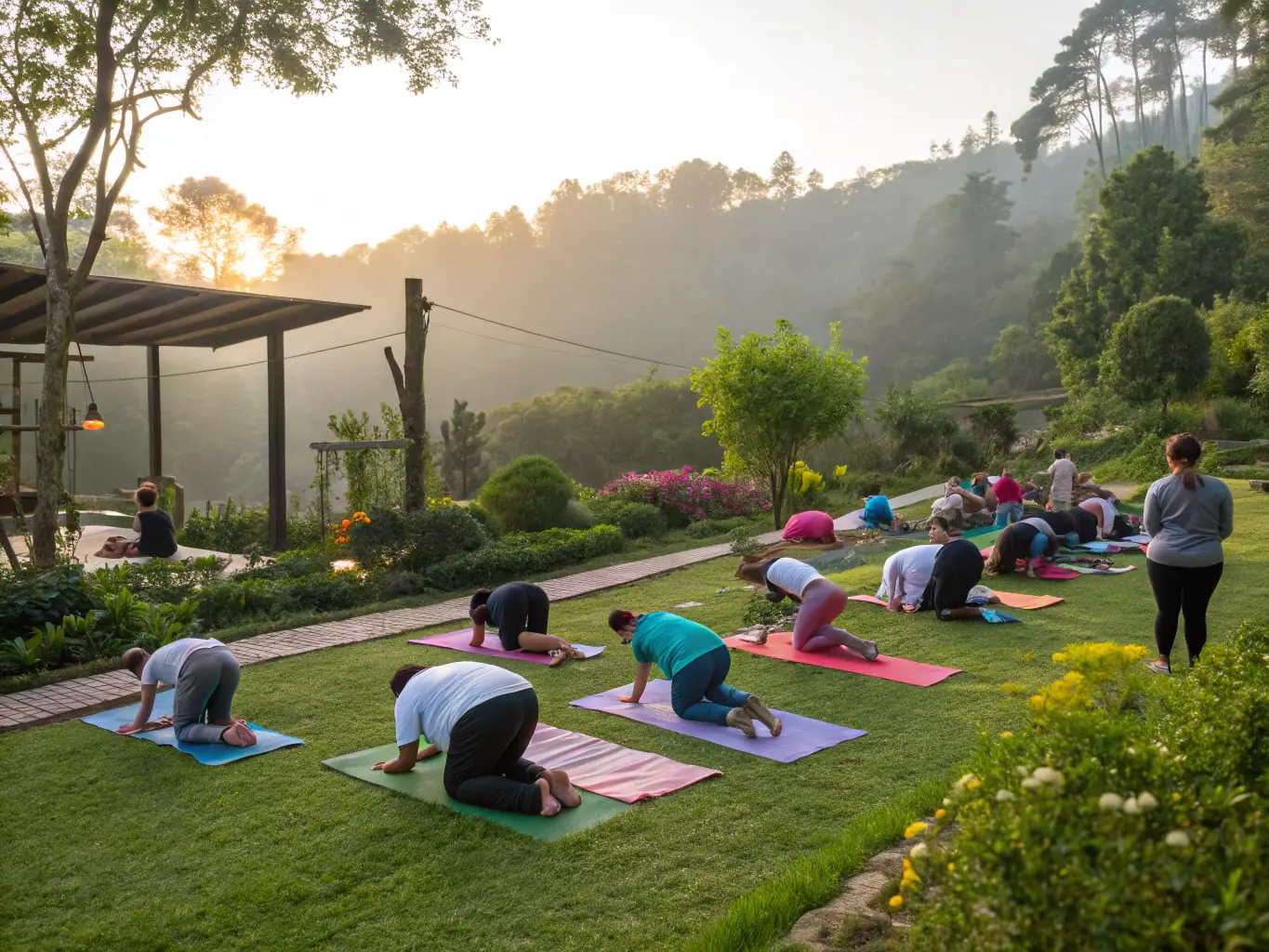 A serene outdoor yoga session at sunrise amidst red rock formations, with participants in meditative poses on mats surrounded by lush greenery, representing the Rejuvenation Retreat.