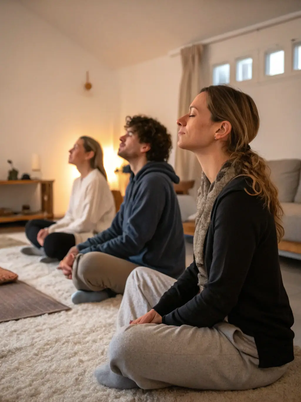 A group of people meditating indoors in a softly lit room, emphasizing the cultivation of inner peace and mindfulness.
