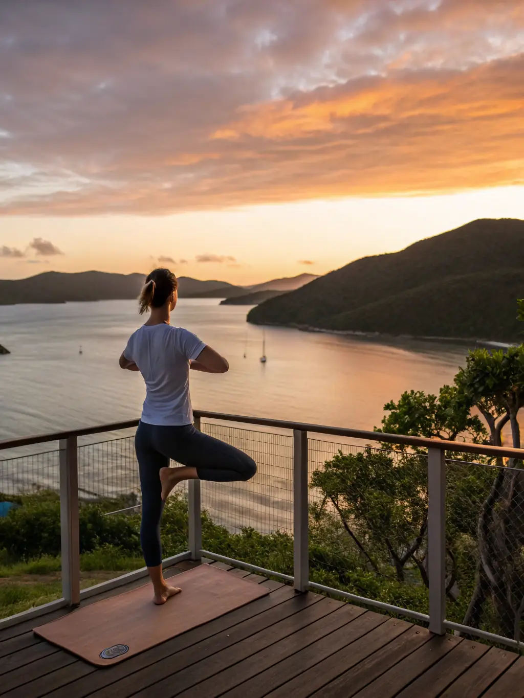 A person practicing yoga on a wooden deck overlooking a misty mountain range at dawn, symbolizing stress reduction and connection with nature.